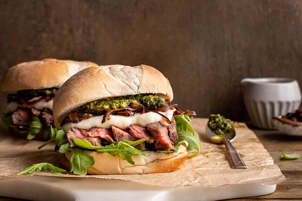 ribeye sandwich with jalapeno pesto