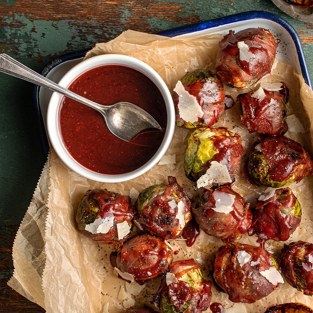 Prosciutto Wrapped Brussels Sprouts with Strawberry Balsamic
