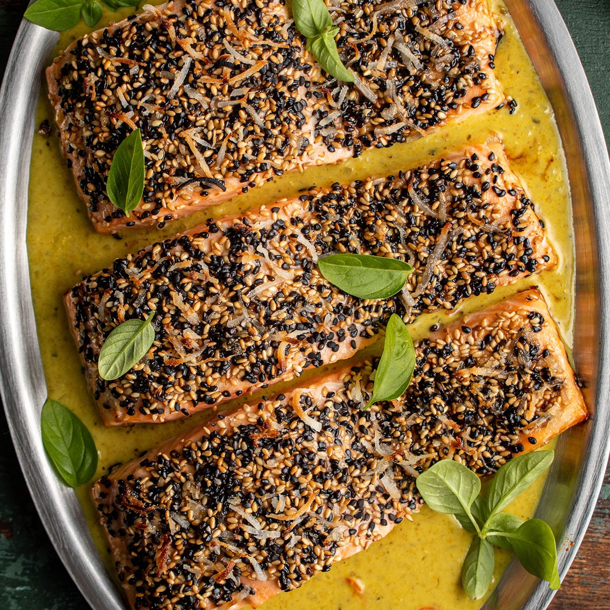 sesame coconut crusted salmon with green curry