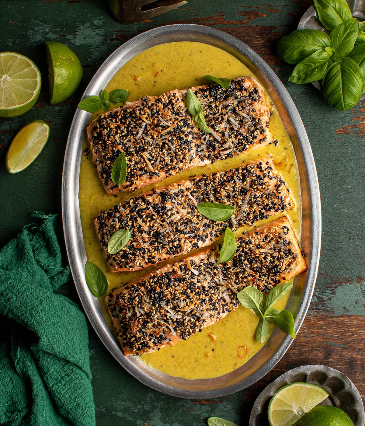 sesame coconut crusted salmon with green curry
