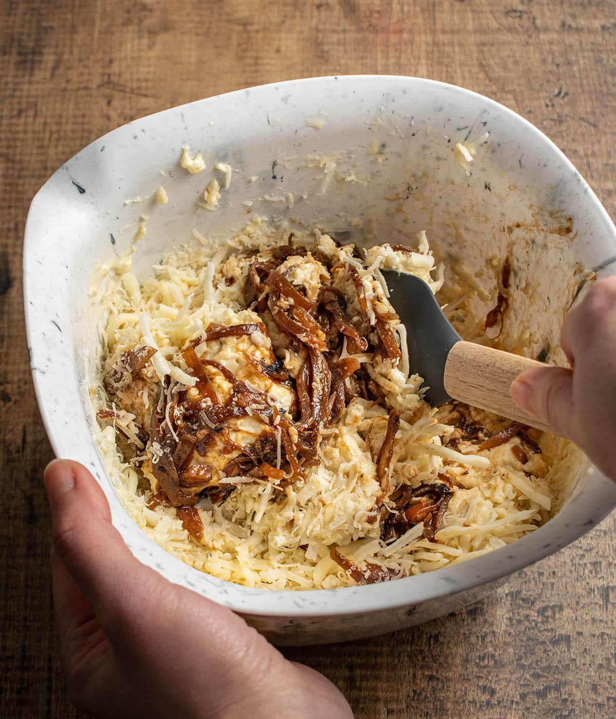 add caramelized shallots and cheese