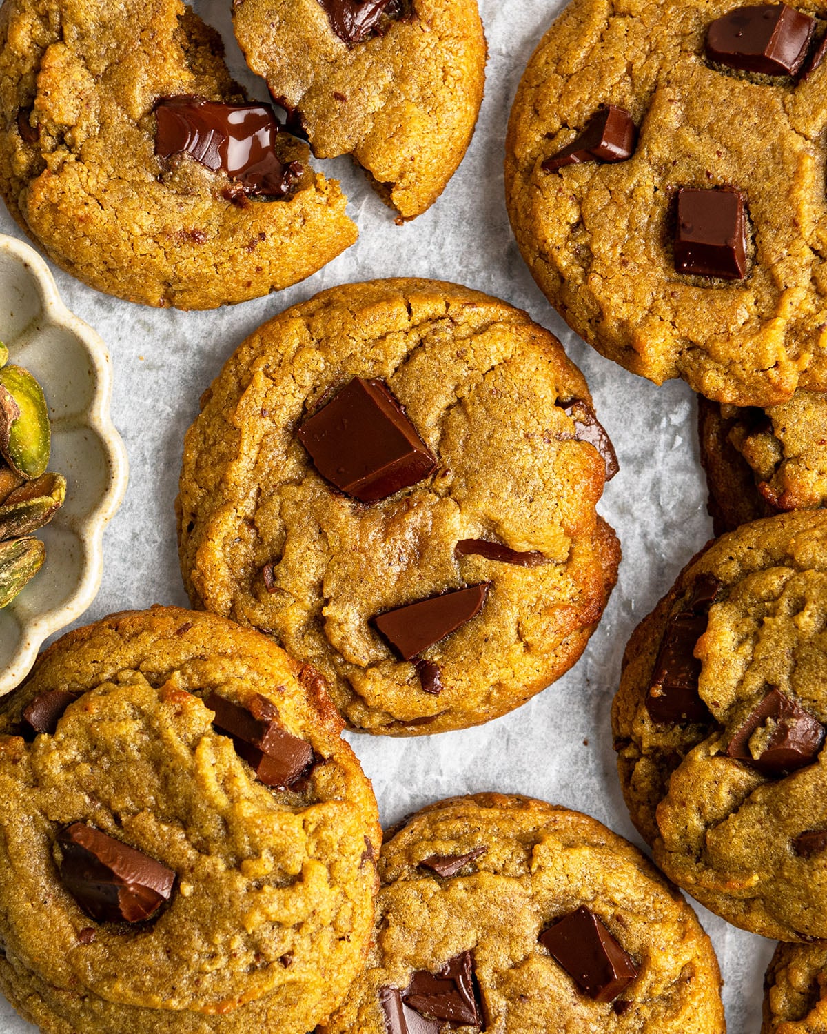 pistachio butter dark chocolate chunk cookies