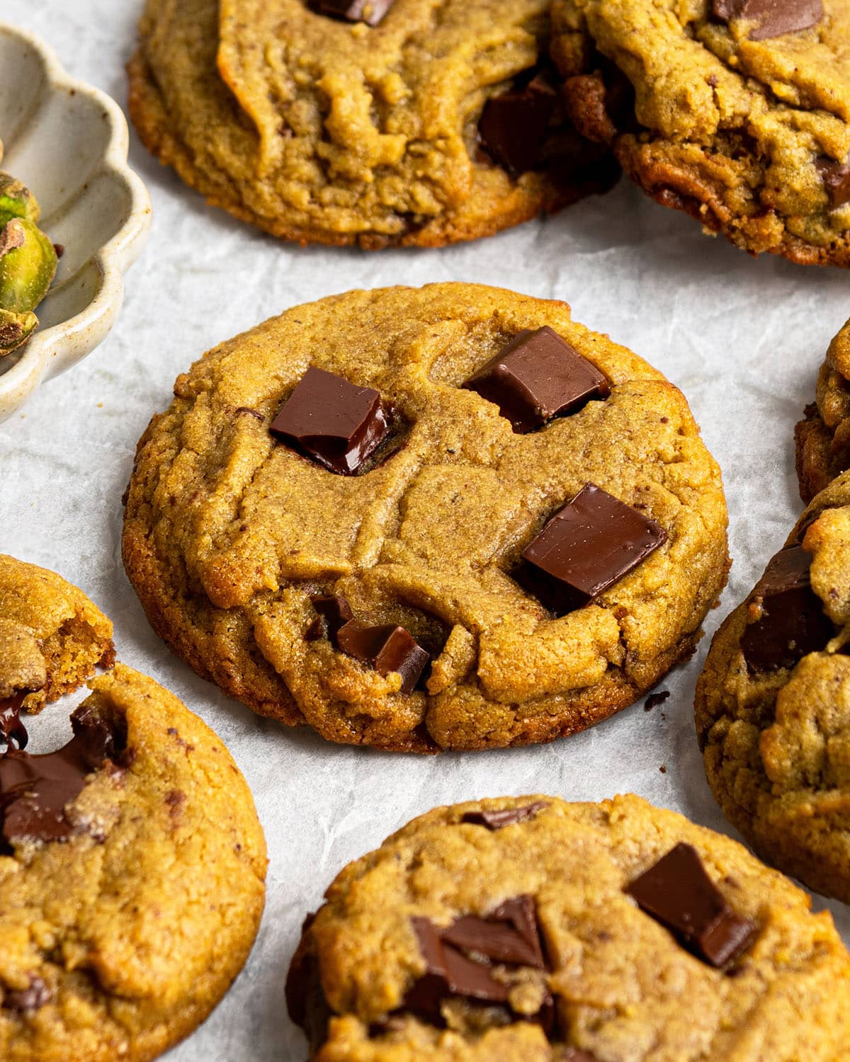 pistachio butter dark chocolate chunk cookies