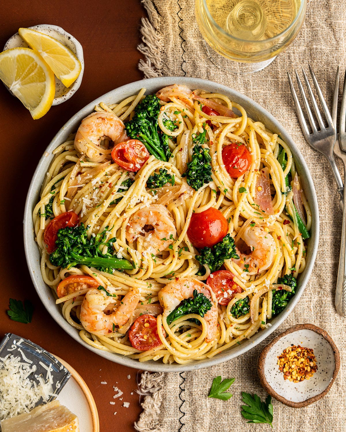 shrimp scampi pasta with broccoli rabe