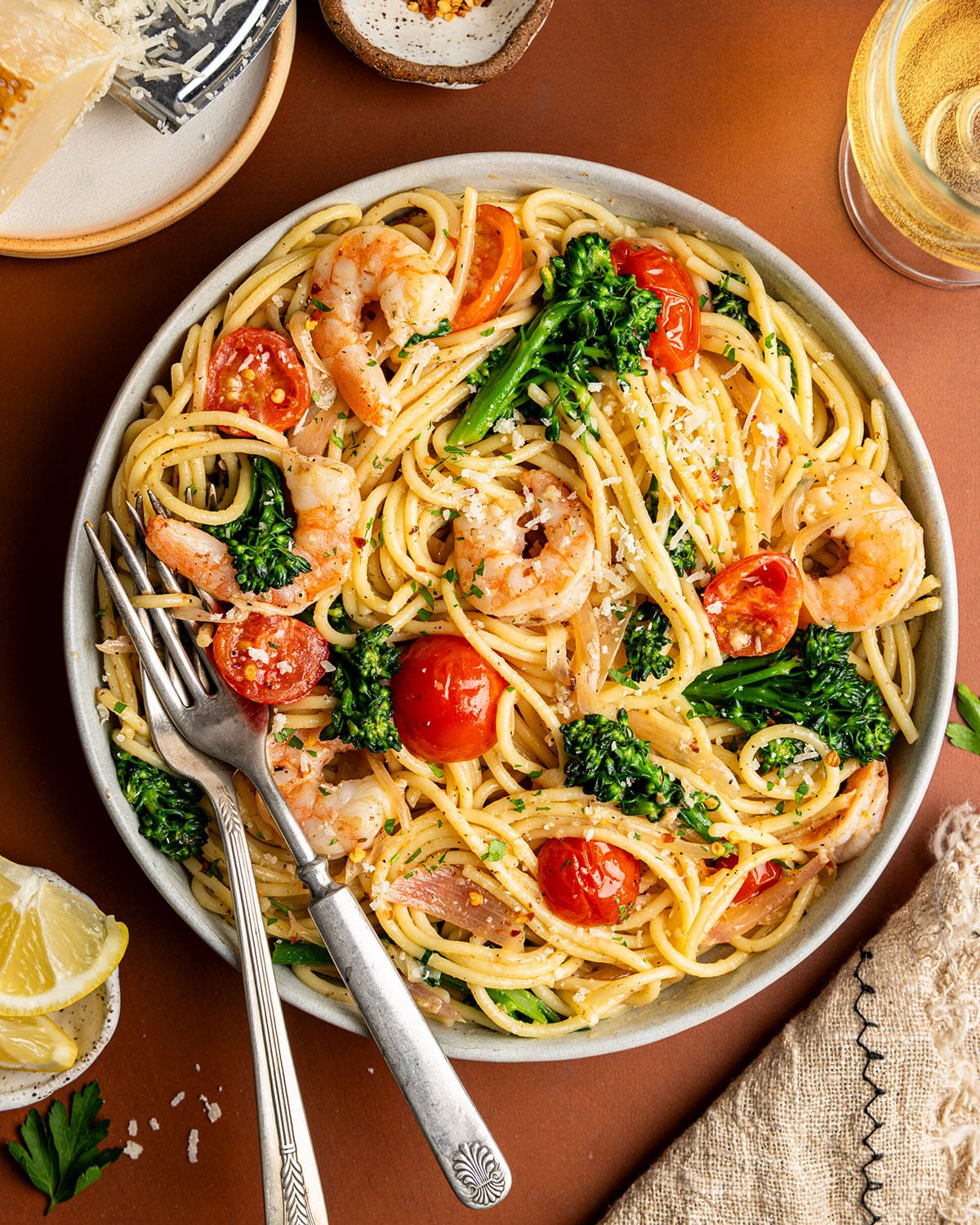 shrimp scampi pasta with broccoli rabe