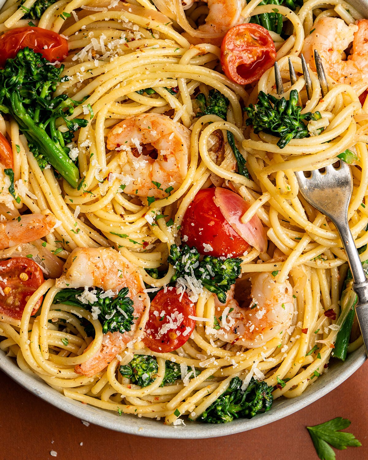 shrimp scampi pasta with broccoli rabe