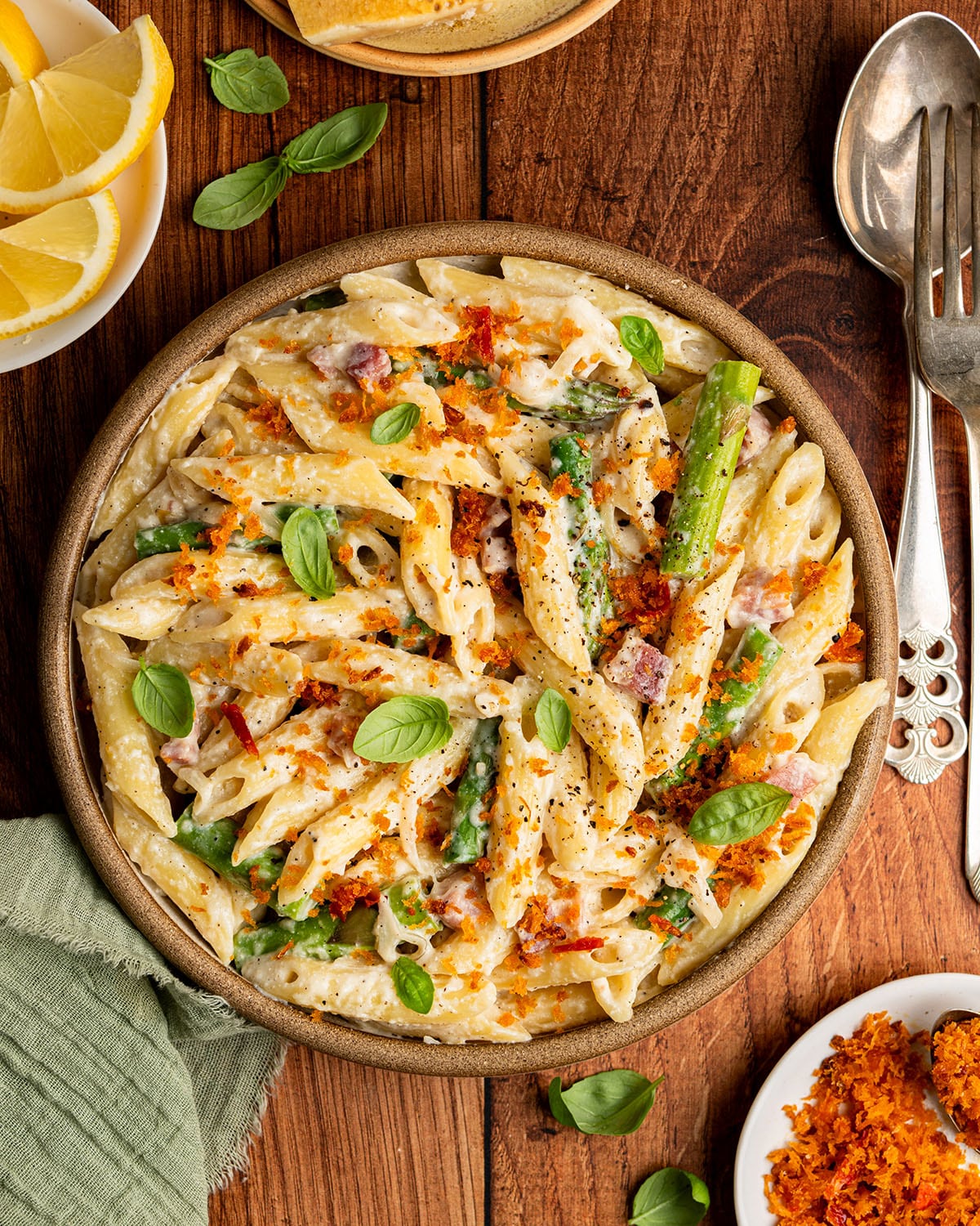 whipped ricotta pasta with asparagus and pancetta