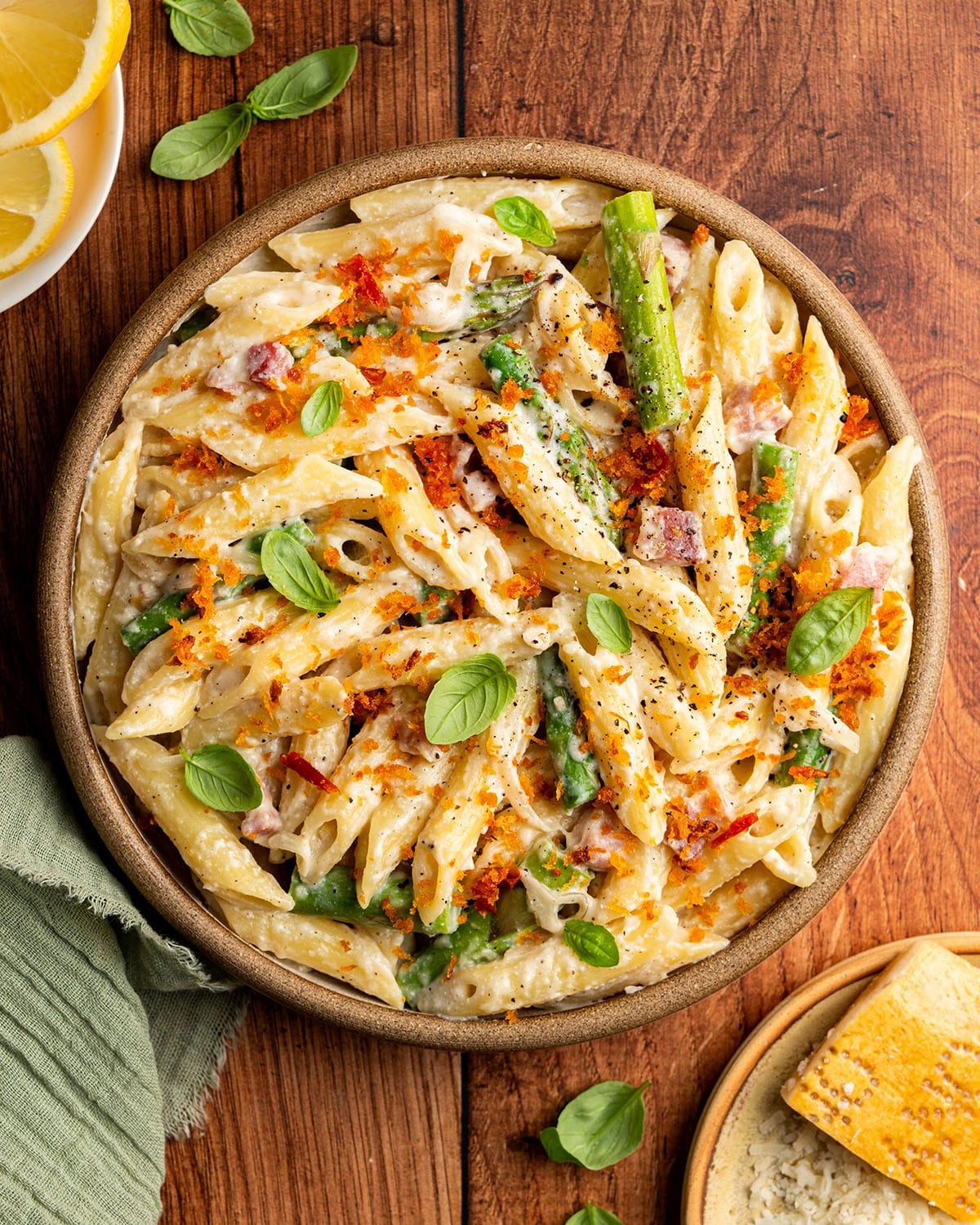 whipped ricotta pasta with asparagus and pancetta