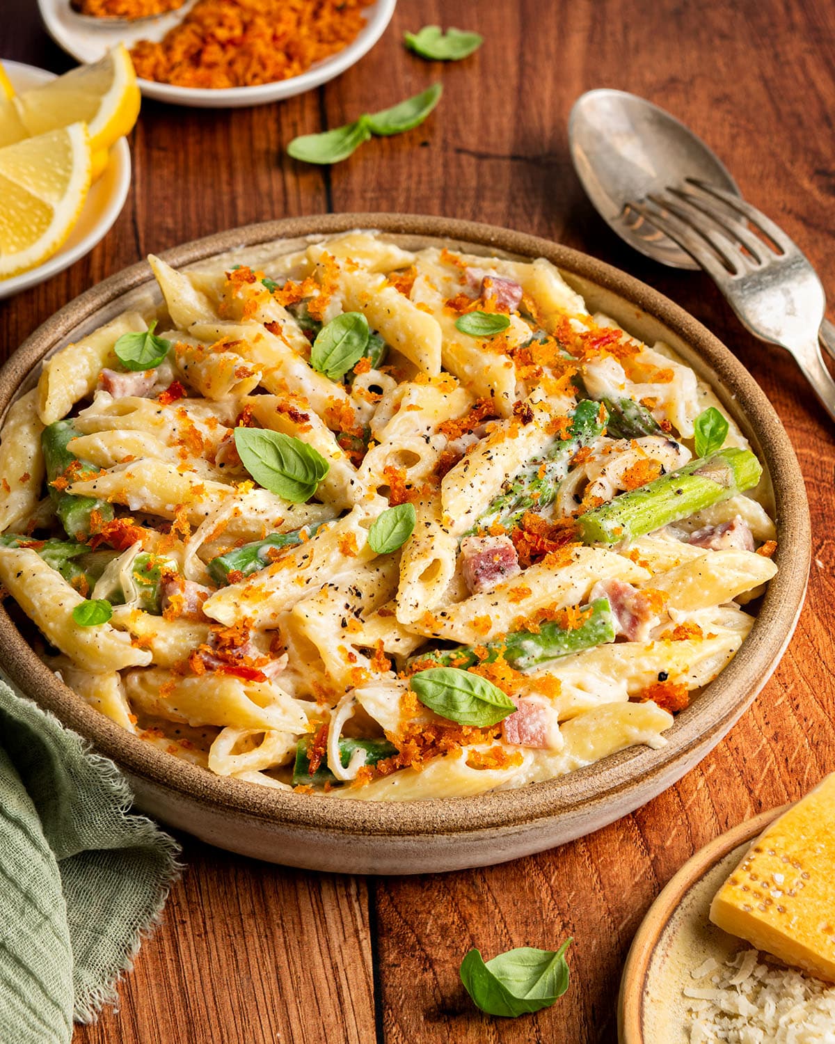 whipped ricotta pasta with asparagus and pancetta