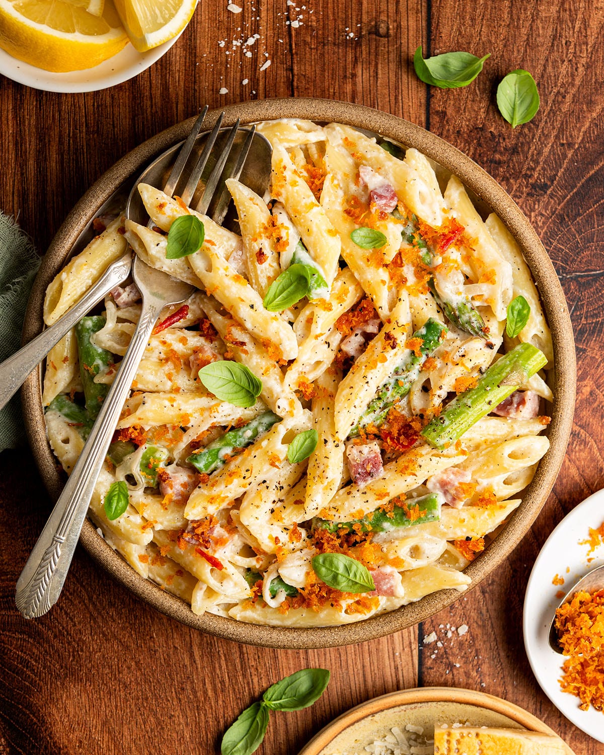 whipped ricotta pasta with asparagus and pancetta