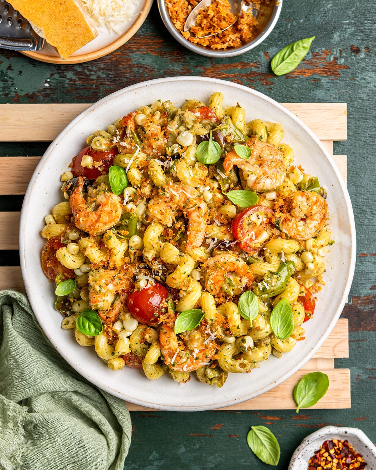 shrimp pasta with charred scallion pesto