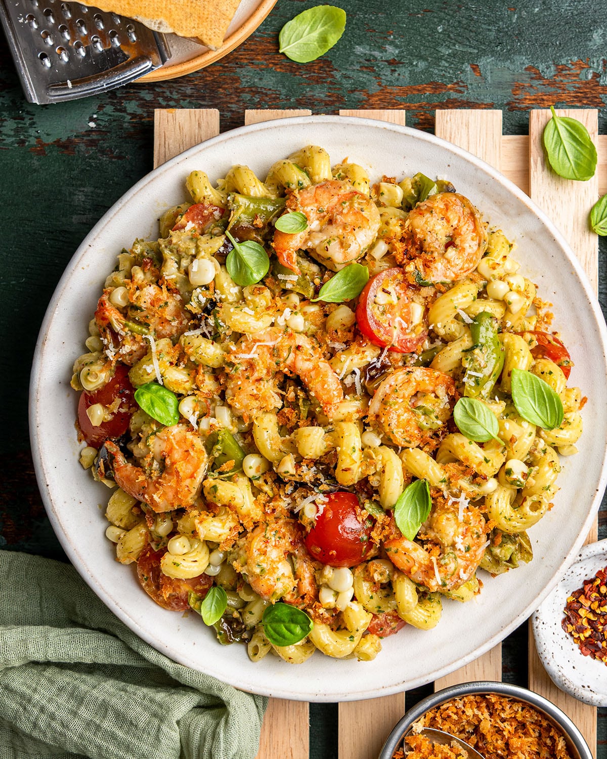 shrimp pasta with charred scallion pesto