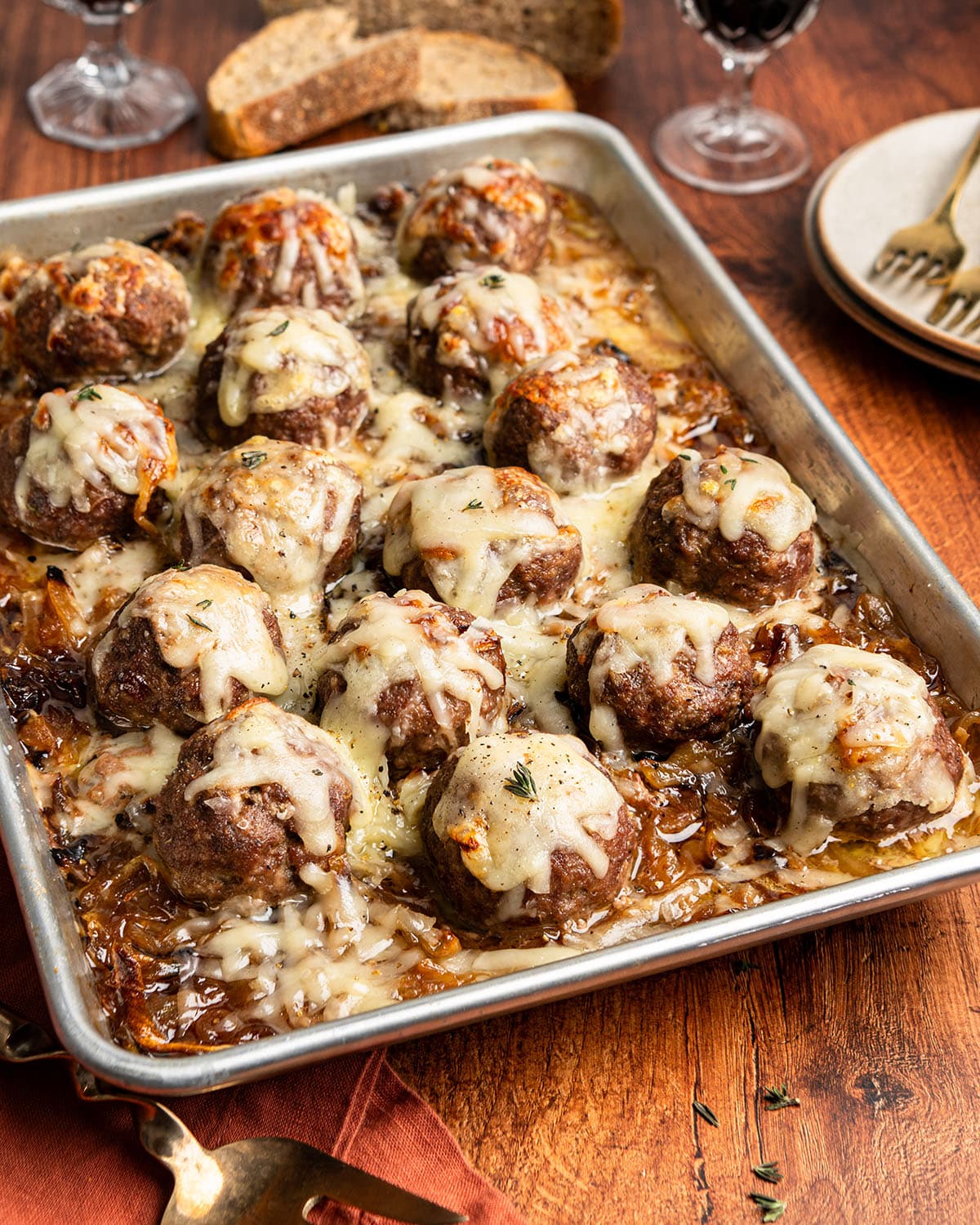 sheet pan french onion meatballs