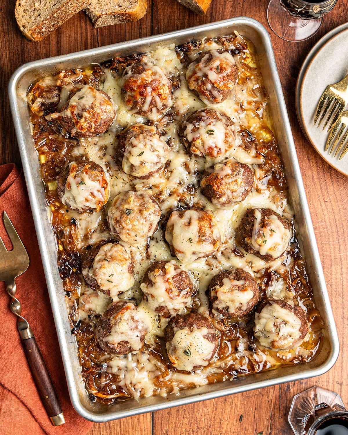sheet pan french onion meatballs
