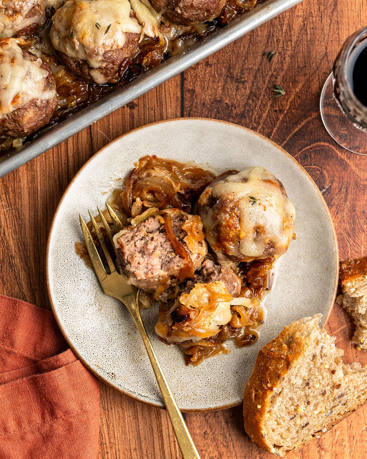 sheet pan french onion meatballs
